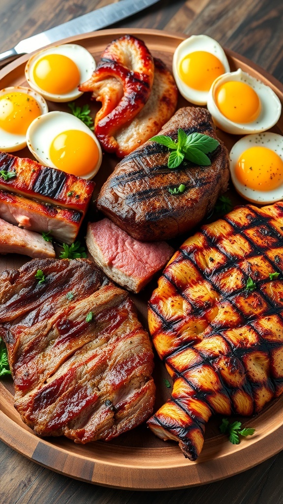 A selection of meats including ribeye steak, pork belly, chicken thighs, and salmon on a wooden platter with fried eggs.